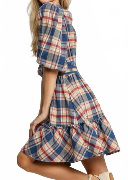 umgee Round Neck Plaid Dress Multi Large 4