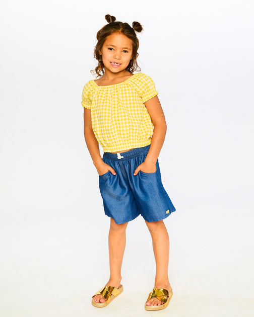 Deux par Deux Elastic Waist Drawstring Blue Chambray Bermudas Bleu US 6 3
