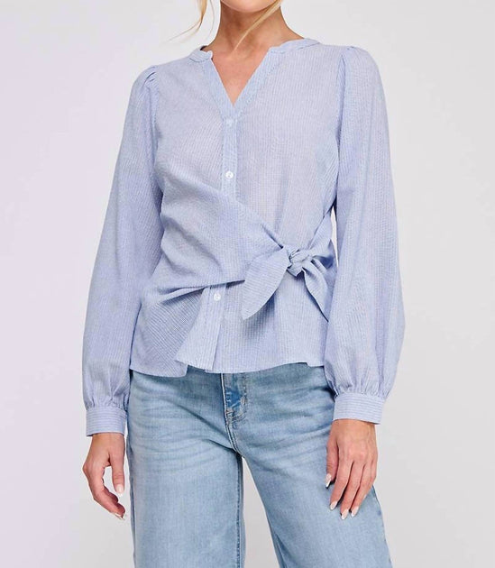 ALLIE ROSE Side Wrap Tie Button Up Blouse Blue Medium 2