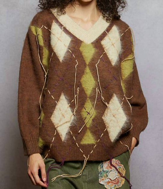 POL Oxford Argyle Distressed Pullover Multi Medium 2