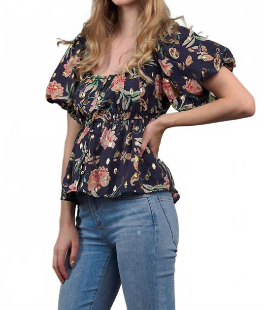 Collective Rack Floral Puffed Button-Down Blue Small 3