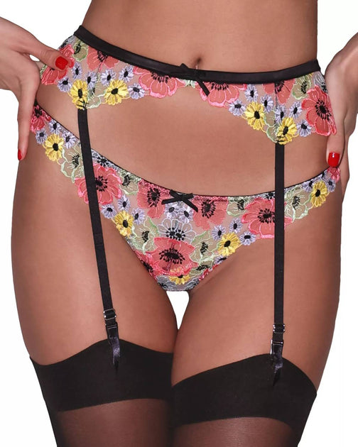 NEW FLEUR DU MAL women\'s azalea embroidery garter belt in black multi Fleur du Mal: Satin Top Stitch Garter Belt - Black – Azaleas main image 4