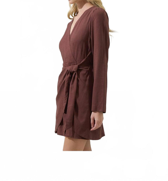 SUGARLIPS Raelynn Linen Wrap Mini Dress Brown Medium 4