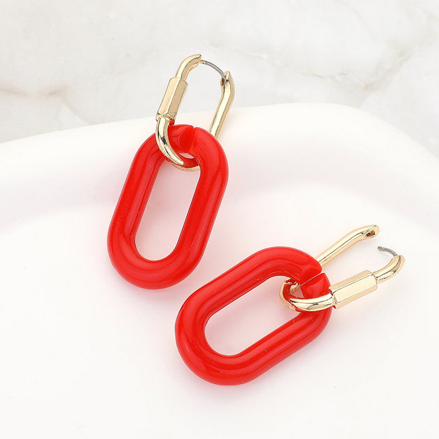 FASHNZFAB Open Resin Oval Link Dangle Huggie Earrings Red Silver 3