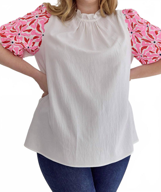 entro Mock Neck Embroidered Sleeve Top White 1X 3