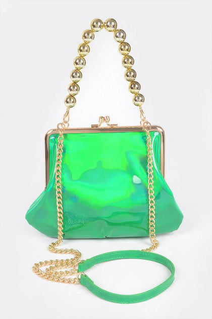 FASHNZFAB Spiegelnde Metallische Kugelkette Rahmenhandtasche Grün Einheitsgröße 2