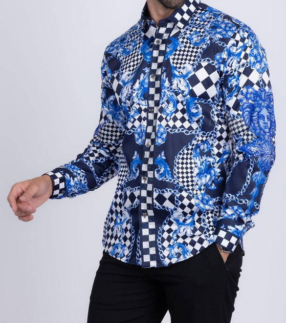 BARABAS Barock Karo Strass Langarmhemd Blau 4XLarge 3