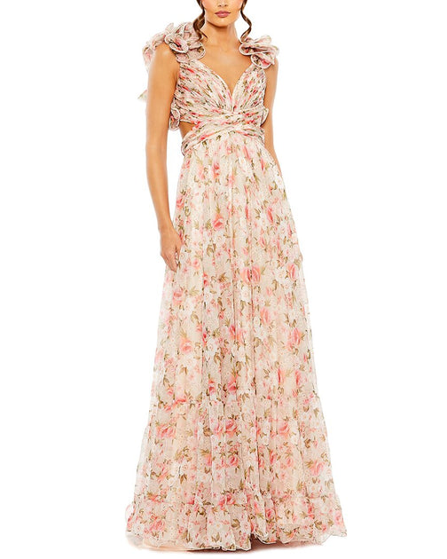 ruffle tiered cut out floral chiffon dress Mac Duggal Floral Cut-Out Chiffon Gown