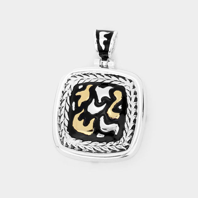 FASHNZFAB Patterned Metal Square Pendant Black 2