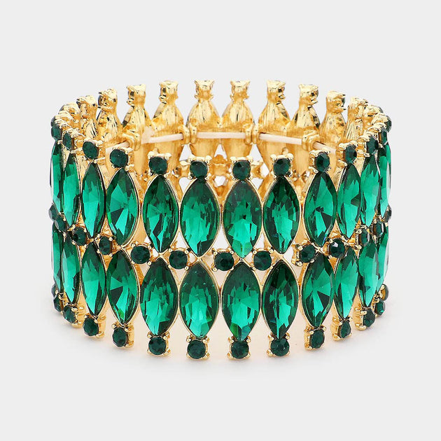 FASHNZFAB Marquise Stone Embellished Bracelet Green Gold One Size 2