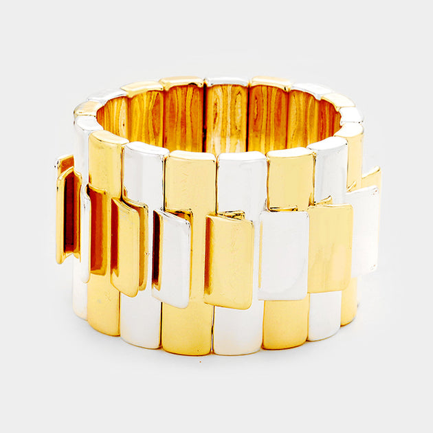 FASHNZFAB Geo Rectangular Metal Bar Stretch Bracelet Gold Silver One Size 2