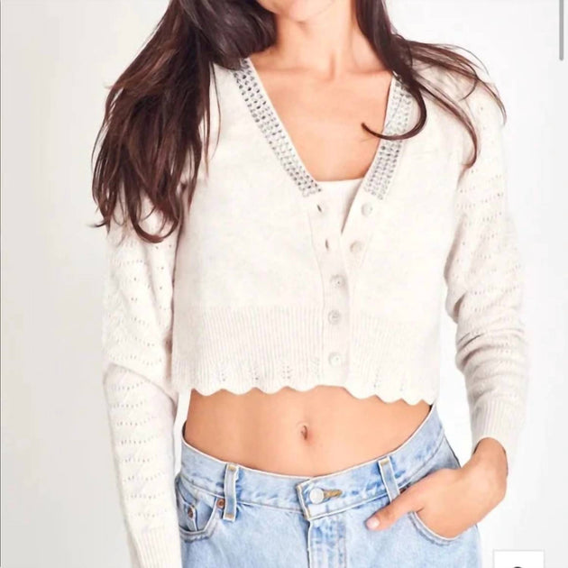 LoveShackFancy Brynner Crop Long Sleeve Cardigan Beige Small 2