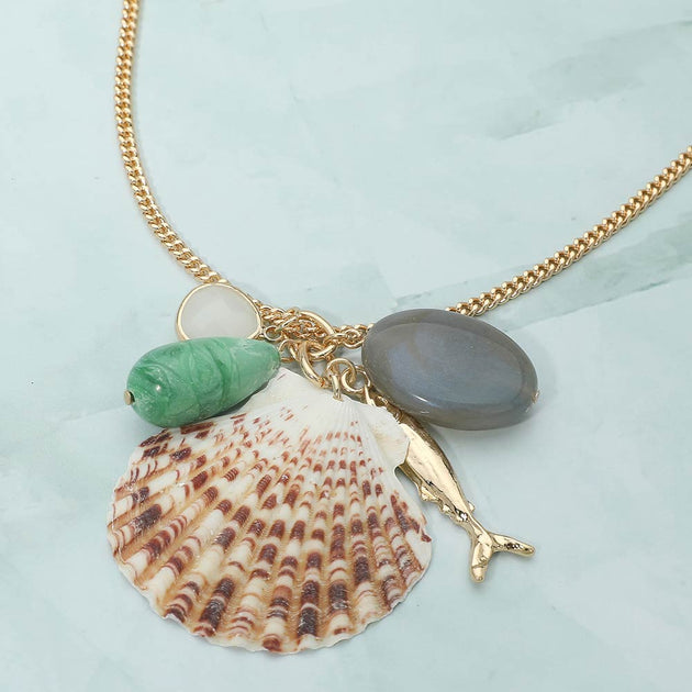 FASHNZFAB Seashell Fish Pebble Charm Necklace Orange 2
