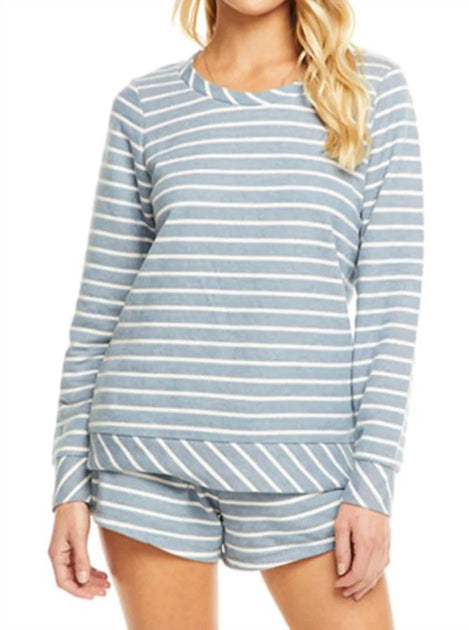Chaser French Terry Striped Open Neck Long Sleeve Pullover Blue Large 2