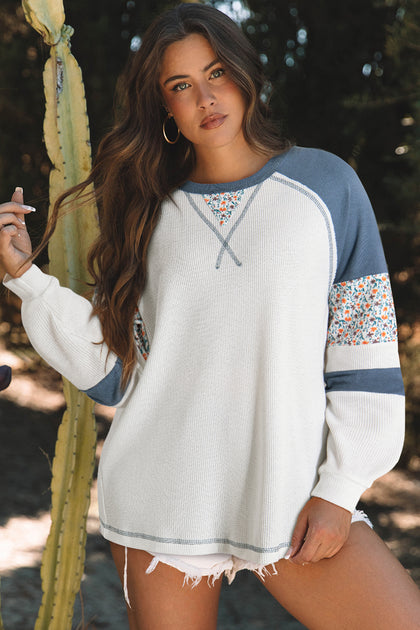 TRUEDAMES Floral Patchwork Waffle Knit Raglan Top Grey Large 3