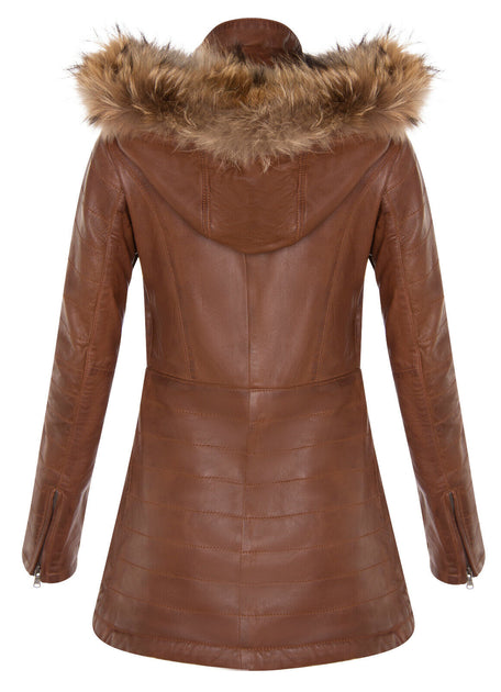 Infinity Damen Slim Fit Leder Kapuzen Parka Jacke-Northam braun Medium 4