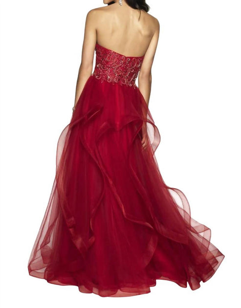 Blush Prom Handbeadetes Tüll Trägerloses Rüschenkleid Rot US 12 3