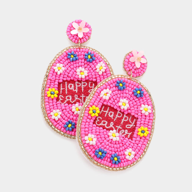 FASHNZFAB Seed Beaded Egg Dangle Earrings Pink 2