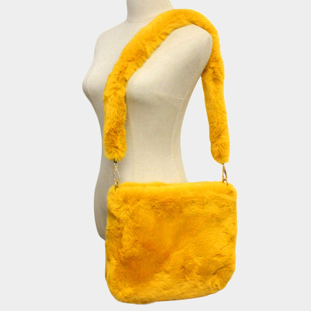 FASHNZFAB Solid Faux Fur Crossbody Bag Yellow One Size 3