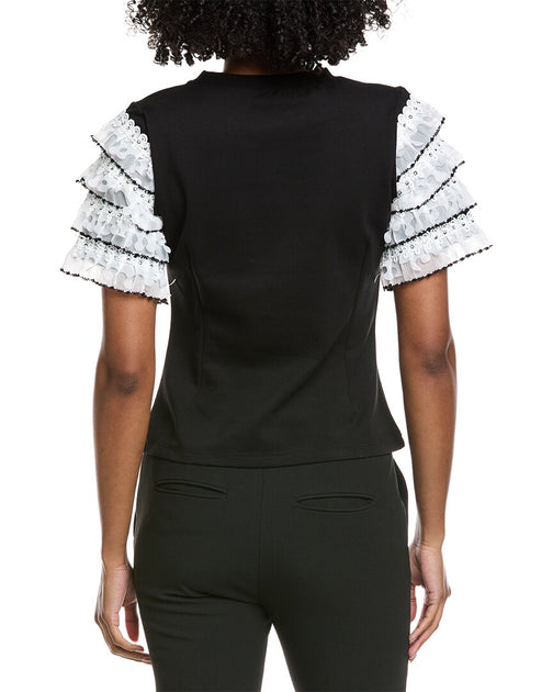 Gracia Round Neckline Tiered Short Sleeve Top Black Small 3