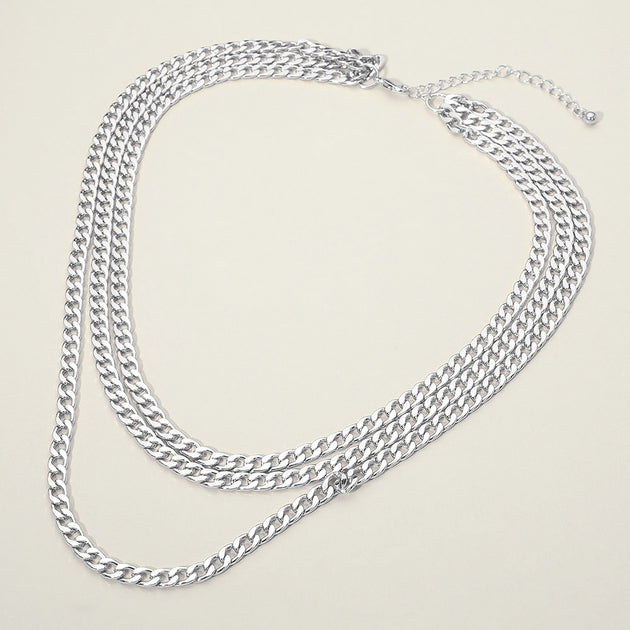 FASHNZFAB Triple Layer Cuban Chain Necklace Silver One Size 3