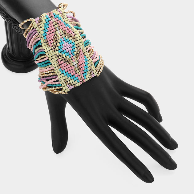 FASHNZFAB Boho Seed Beaded Cuff Stretch Bracelet Pink One Size 3