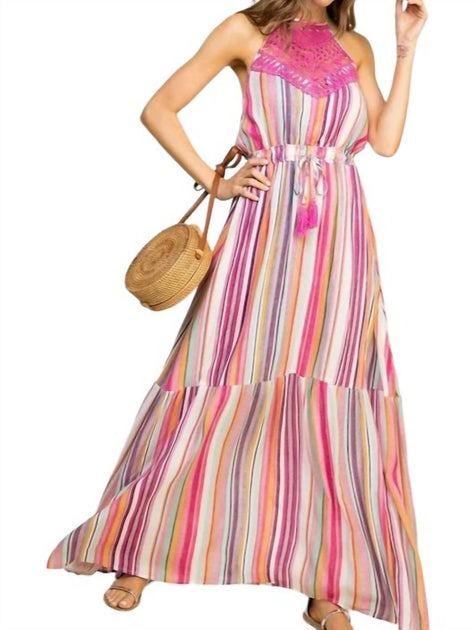 Mainstrip Halter Neck Lace Front Maxi Dress In Pink | ShopSimon