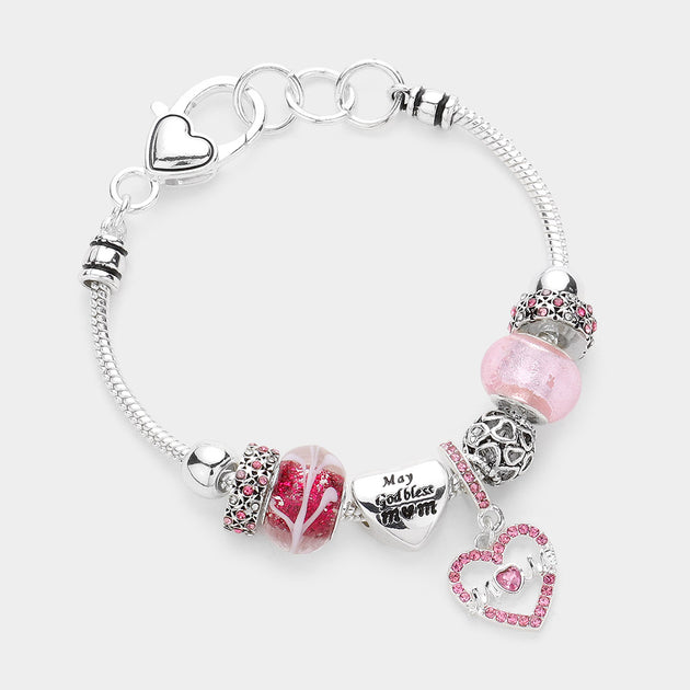 FASHNZFAB Moms Blessing Heart Charm Multi Bead Bracelet Pink 3