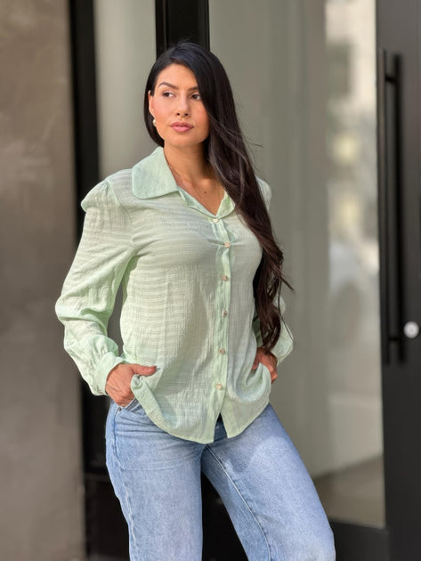 TRUEDAMES Button Down Blouse Green Large 3