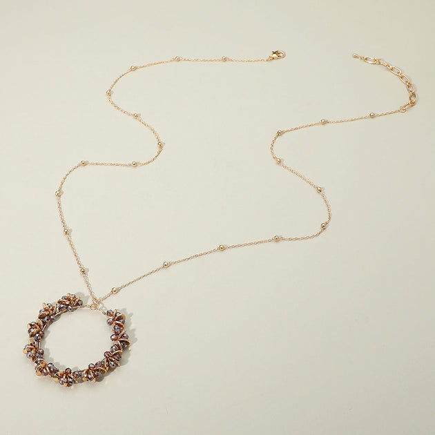 FASHNZFAB Metal Disc Faceted Beaded Open Ring Pendant Long Necklace Black One Size 3