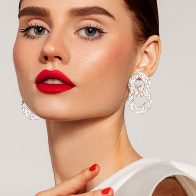 FASHNZFAB Stone Embellished Link Evening Earrings Gold Red 2