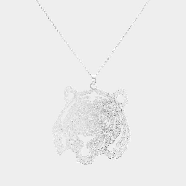 FASHNZFAB Tiger Face Filigree Pendant Necklace Silver 2
