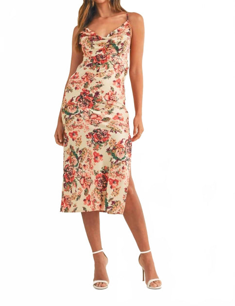 MABLE Kendra Floral Print Cowl Neck Midi Dress Beige Medium 2