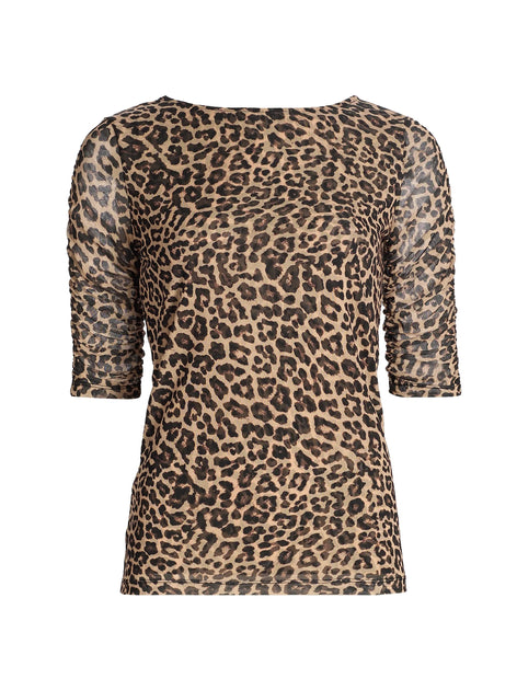 Johnny Was Damen Ruched Sleeve Mesh Top, Chestnut Leopard, XLarge 4