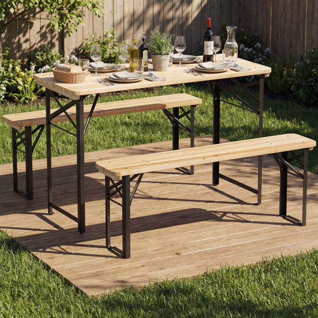 Hivvago Folding Picnic Table with Benches Natural 3
