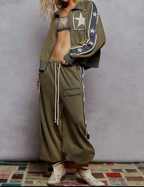 POL French Terry Star and Striped Jacket and Jogger Set Black Large 2