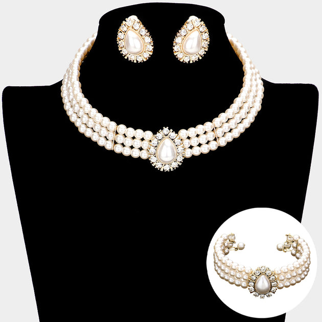 FASHNZFAB Teardrop Pearl Choker Necklace Set Black 5