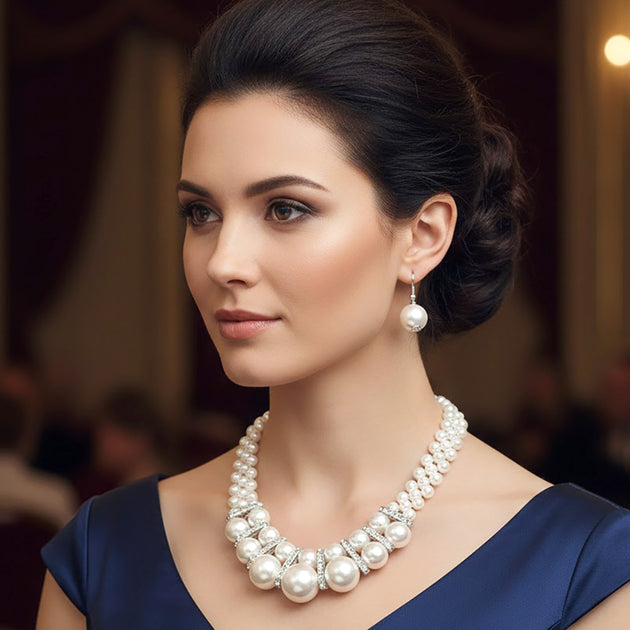 FASHNZFAB Double Layered Pearl Beaded Necklace Silver 2