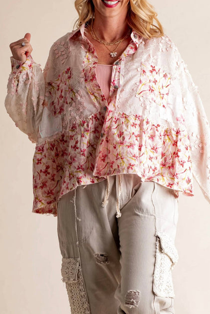 POL Quinn Lace Button Down Top Pink Large 3