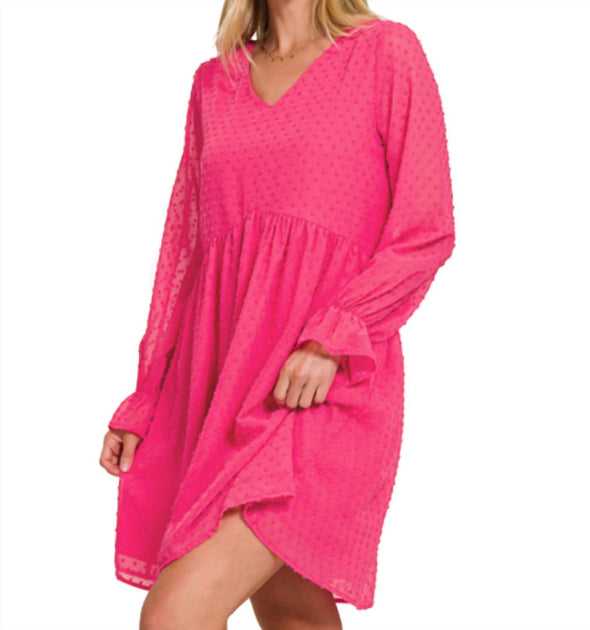 Zenana Swiss Dot Long Sleeve V-Neck Dress Pink Medium 3