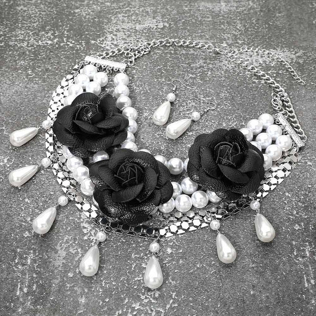 FASHNZFAB Floral Pearl Statement Necklace Black One Size 4