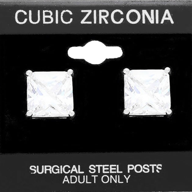 FASHNZFAB Square CZ Stud Earrings Silver 12mm 2