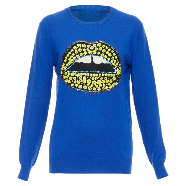 Markus Lupfer Merino Wool Sequin Lip Sweater Blue XS 2