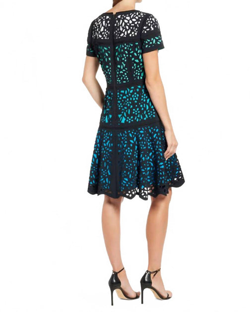 SHANI Colorblock Laser Cut Fit & Flare Dress In Teal | ShopSimon SHANI Colorblock Laser Cut Fit & Flare Dress In Teal | ShopSimon