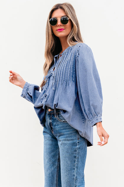 TRUEDAMES Denim Front Pintuck Bow Tie Puff Sleeve Top Multi Large 4