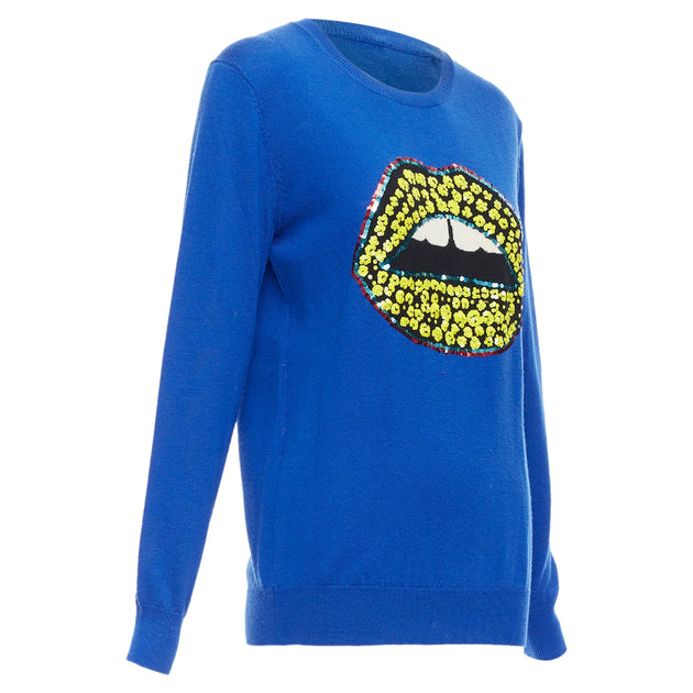 Markus Lupfer Merino Wool Sequin Lip Sweater Blue XS 4