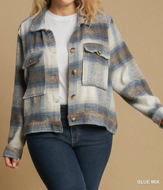 Umgee Plaid Cropped Shacket Blue XXLarge 2