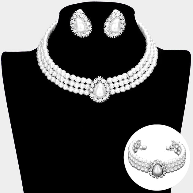 FASHNZFAB Teardrop Pearl Choker Necklace Set Black 3