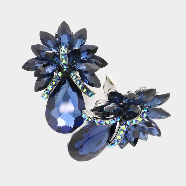 FASHNZFAB Teardrop Stone Accented Clip-on Evening Earrings Blue 7