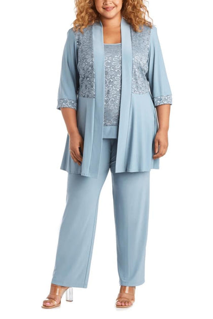 TRUEDAMES Sleeveless Lace Blouse Sequin Jacket Trouser Suit Blue Plus Size 2